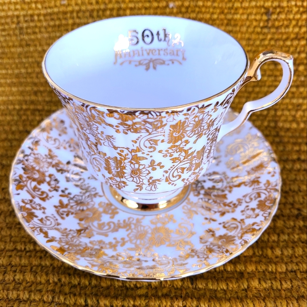 Vintage Gold Gilt Royal Windsor Bone China Teacup & Saucer 50th Anniversary